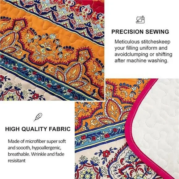 Bohemian Quilt Set King Size, Boho Striped Printed Bedding